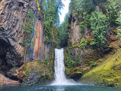 The rappel (yellow arrow), Raptastic 5.11a (in blue), and a current project (in red). Photo credit: Jess Snow