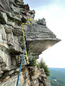 Pitch 3! Yellow shows the 5.3 line for Three Pines, and then the Red is the 5.6 alternate crack.