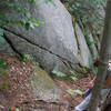 Looking Down at the START of Raven RIDGE.  The dotted line shows about 12-15 ft of easy scrambling to a ledge and then (not shown) to a rock step, then there's another 10 +/- ft to Bolt # 1