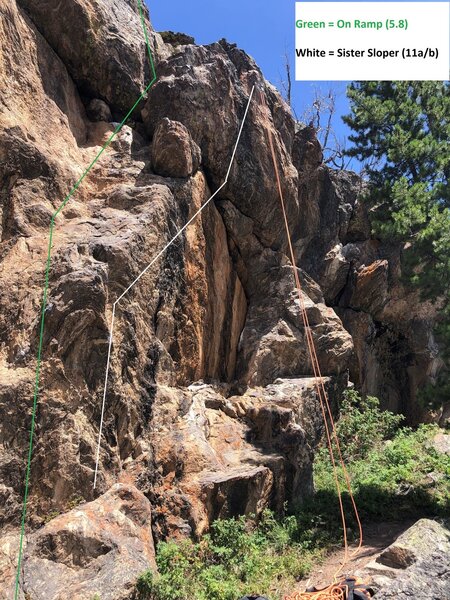 A topo showing both "On Ramp, 5.8," and "Sister Sloper, 11a," at Hurd Creek's upper wall.