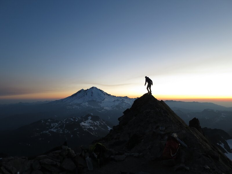 Scrambling above high camp on the Fisher Chimneys.