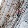 Matilda, age 8, at the crux getting out of the corner and onto the face.