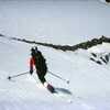 Wendy Weiss skiing the Tuning Fork Couloir. She's at the intersection of the two forks. Torrey's Pk. June 1991.