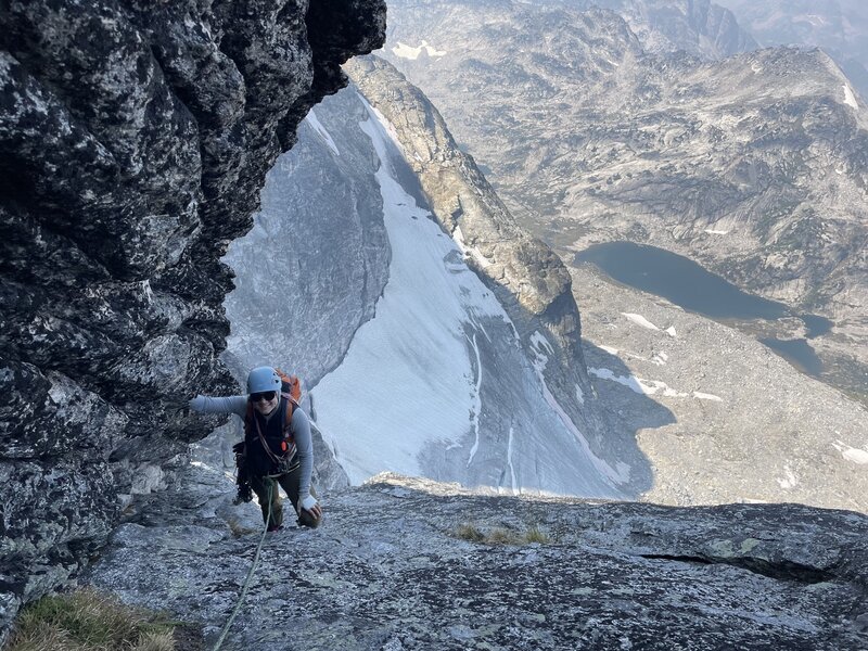 Looking down on pitch 2. The left facing corner system with good gear and clean climbing :) just before the black lichen covered tricky to protect slab climbing of pitch 3 (insert sweating smiley face emoji)
