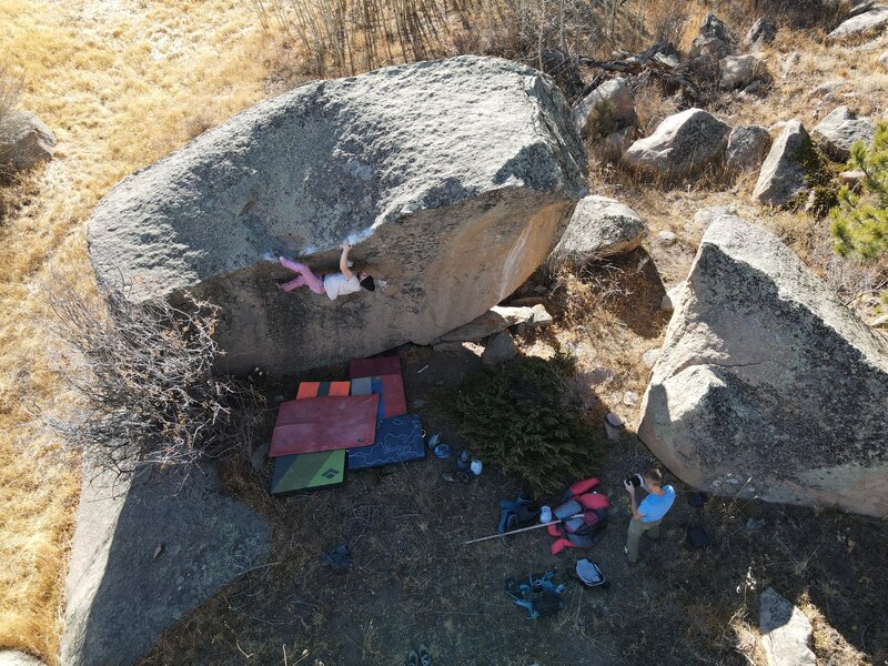 Nick climbing on Blaster the Burro, V9, at the Lady Moon Trailhead.