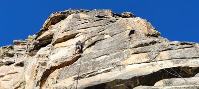 Jay climbing Orange Roughy, 5.10c. There are now 5 fantastic routes on this buttress.