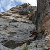 Just above the first set of chains on Right Dihedrals. If desired, you can skip the first two sets of anchors and take it to the sloping ledge at the third set. Photo Credit: Chase Krumholz