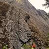 Westernmost side of South Face, just up the trail, at the start of Coriolis Effect