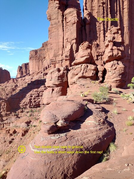 Location of West Face Rappels, from the base of the route in the saddle between The Oracle (direction of photo) and The Titan.