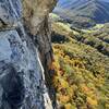 View from the belay station between P2 and P3; looking at the follower on P2.