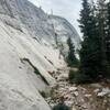 trail at base of Dozier Dome slab apron from the bottom of Holdless Horror looking down the right side of the face