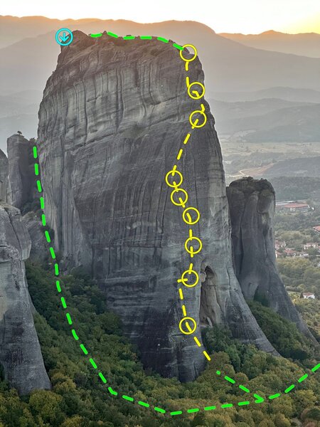 The route. Descent includes 5 rappels if you have a single 60m rope, or you can do it in 3 rappels if you have a single 80m rope.