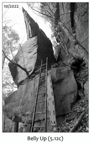 Belly Up (5.12c) starts on the arete at top of the ladder. FA: Eddie Begoon, Mike Artz 1989