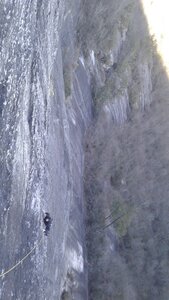 Armand coming up Pitch 6. This pitch has a few exposed moves out to a single bolt and then 60-70ft (or maybe more, ha) of no pro until you reach the belay.  Belay is single bolt backed up with gear.
