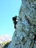 Ali Welsh about to transition from the steep lower pitches onto the  sea of slabs above - La Via Directe 5c