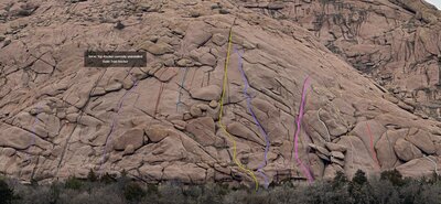 Watch Me Wall highlighting some new old climbs: Flat Iron Fomo (pink), Thunder In Your Heart (blue), 1999 (yellow), Texas Cruise (black), Texas Booze (purple), Cowboys (tan), Mummy's Nuts P2 (white), Have Gun Will  Travel (red),