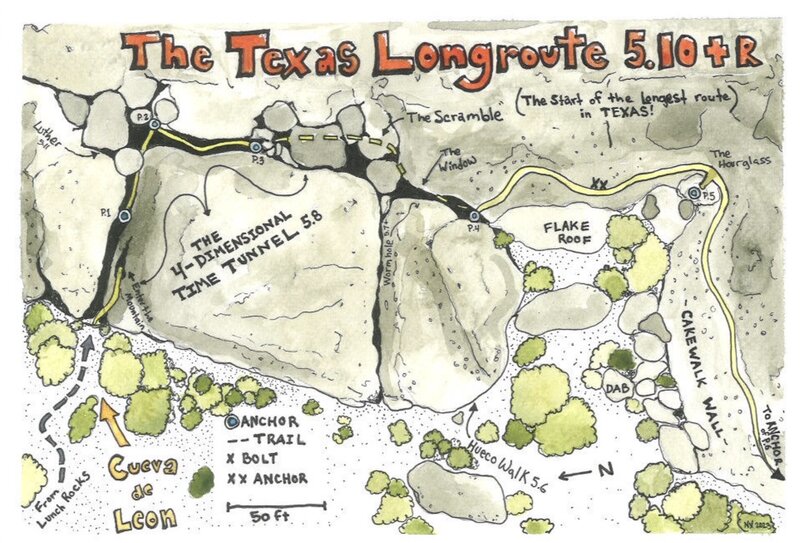 Watercolor topo: Start of The Texas Longroute featuring the 4-Dimensional Time Tunnel