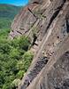 Halfway up the route while guiding for Pisgah Climbing School! Photo: Peter Dickson.