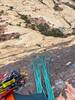 Looking down the crux pitch (P2) from the belay. Mitch Harris following!