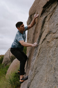 Gaining the sweet finger pocket undercling of Lieback Rock. The second half mental game starts at about here. Photo credit: Shannon Westby. May 2023