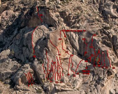 Thanks to Dwight Kroll for the plane ride. This overlay details the location of the 31 routes at the Rincon as of 06/2023. The numbers match those in the route descriptions in the sub-areas.