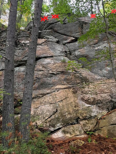 Crag #2 from below the 2 sport routes<br>
Right anchors are out of site mounted a few feet back on a ledge