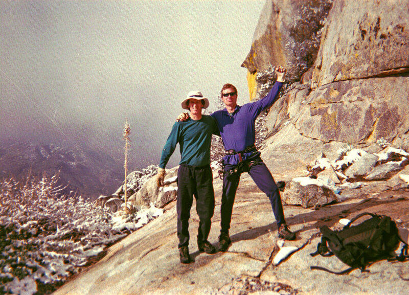 Rob Brown and Larry Cote at the Sun Deck. This is what happens when Saturday is perfect, you leave your gear up there, and it storms overnight so you have to slog up and get your stuff in the snow.