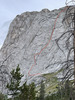 Red line shows how we climbed the route - numbers show where we belayed. The traverse into the scoop could be done a few ways (see comment).