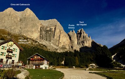 East Face of Cima Catinaccio, Punta Emma and Torri del Vajolet as seen from Rifugio Gardeccia