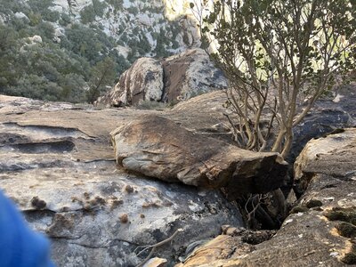 October 23, 2023: A large block detached from the top of p2 is ready to fall over the belay for p1.