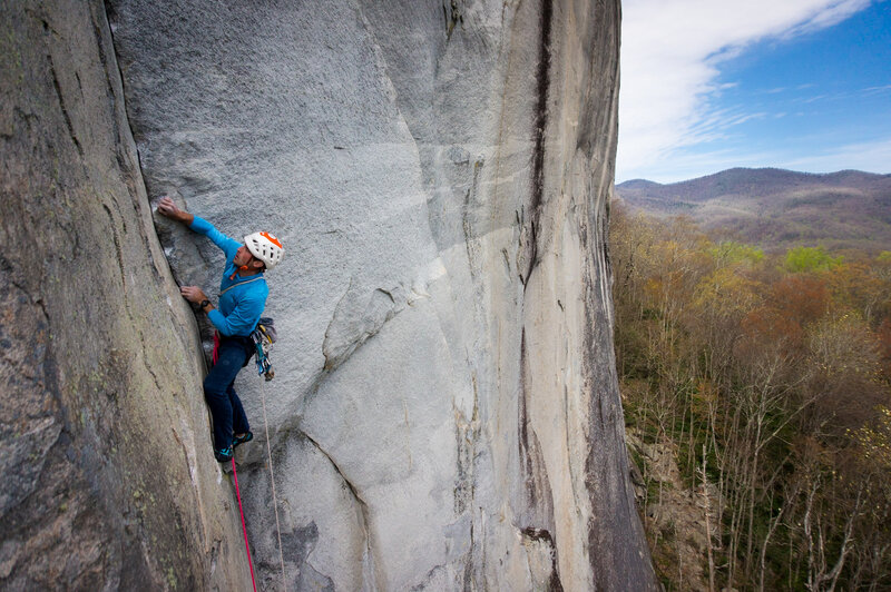 Tiptoeing up the dihedral section of the Open Book 5.12+. Photo: Jacob Ward.