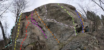 Chips Crag Topo Photo. Aqua -Out Of Sight. Yellow -Finger Locking Good. Red line -Krinkle Cut. Purple -Salt & Pepper. Orange -Honey Dijon. Grey -Chocolate Chips. Green -Nach-yo Chips. Blue -Backyard BBQ. Brown -Cheesies.