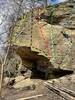 Routes up and around the Great Roof.  From left to right:
<br>
Yellow - 5.12 Clean and Jerk; Black - 5.10 Conscientious Objection; Red - 5.9 CO2; White 5.6 Over Extension; Green 5.6 Extension; Blue - 5.4 The Nose
