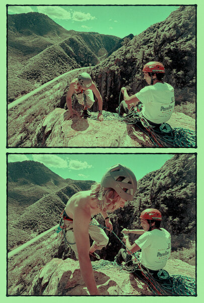 After four pitches of climbing, Cayson gains the summit of Seven Steps to Heaven while Leo belays him.