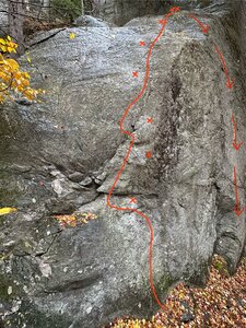The line. Lower to climber's right down the Interstate Crack/Two Thumbs Down wall to avoid taking a bad swing around the arete.