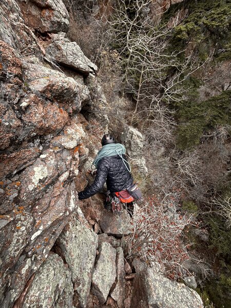 No fall zone for the downclimb to get off the formation. Watch for loose rock.