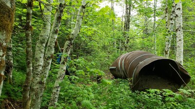 Culvert & cairn at your turn uphill ( 47.9342, -121.5994 ), just past the big rocky wash where you can first see up to Static Point