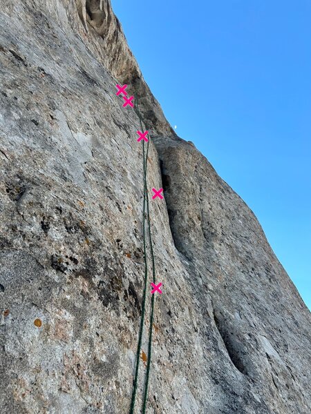 About halfway up looking at the anchors above. In this photo, my rope is actually anchored above the routes end, from another set of rap links that make a TR much easier from a scramble to the top.