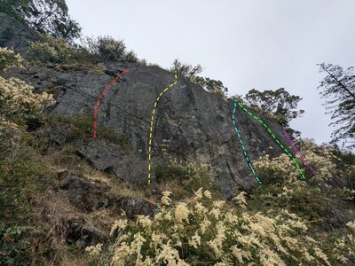 Lower Hidden Wall North
<br>
Red: Macho Man
<br>
Yellow: Kiwi Revival 
<br>
Blue: Unclassic Crack 
<br>
Green: Rainshadow 
<br>
Purple: Snap Decision