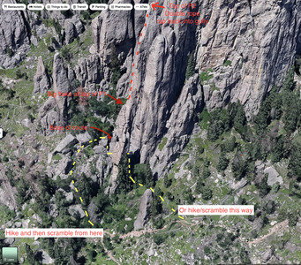 I had a hard time finding the base of the route, hopefully this helps. It isn't just "a few routes left of Kevizan" like I was thinking. You have to hike/scramble around the end of the formation.