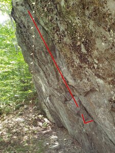 I believe this is the problem. The left arete further down is more like v5, but the central line out the overhang ive been told is V8.