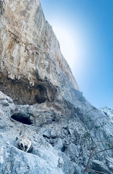 Looking up route. Starts down to the right, moves just to the right then above the cave.