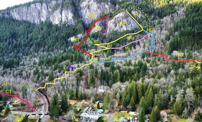 LOP area trails. (Photo: B. Hubbard)
<br>
Z=Zelda 
<br>
M=Midnite
<br>
ZP=Zappa
<br>
HW=Halloween
<br>
RT=Rattletale
<br>
WT=WOTI
<br>
BD=Brad Driscol
<br>
PrI=Private Idaho
<br>
DW=Duck
<br>
LOP=Lookout Point
<br>
PIx=Planet Index
<br>
Dia=Diamond
<br>
B=Beyond
<br>
C=Collegium
<br>
HC=Hag Crag
<br>
MQ=Mossquito