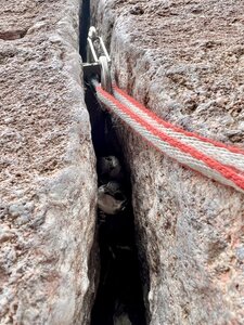 Some company at the belay on top of pitch 2, august 2024. I was more amused than they were, I think.