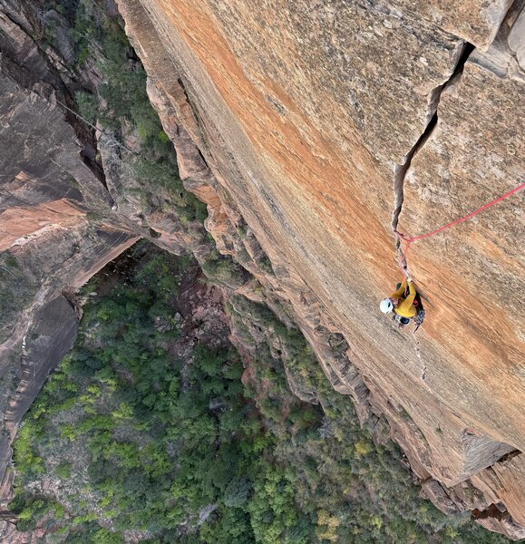 Looking down on the crux pitch and all it's exposure!