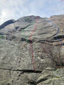 Green - Ledge crack 5.7 Trad
<br>
Red - Ledge Crack Direct 5.7 mixed
<br>
Blue - Face left of main crack 5.8 mixed