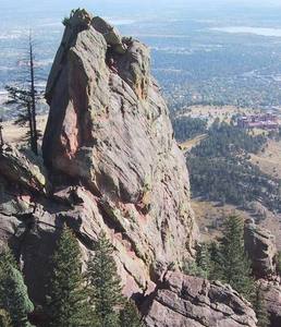 Finger Flatiron from the west, with the summit of the Shark's Fin in the lower [right] (and NCAR above it)