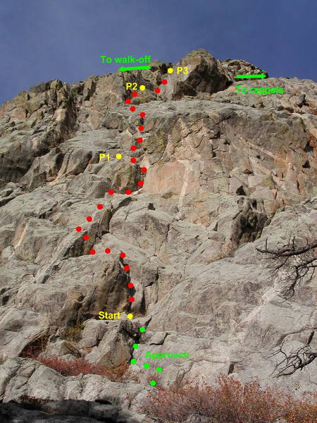 On Ballet as viewed from the approach trail. Scramble up to a small ledge to start the climb.  At the top, traverse right to the rappel descent, or scramble left to the walk-off.