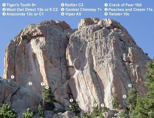 The Owls West face routes.