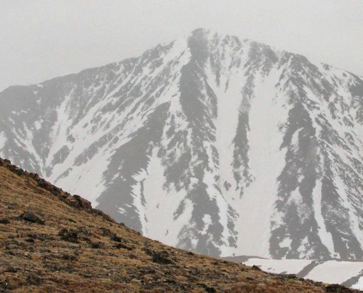 Taken 5/18/03 from Mt. Sniktau, "the tuning fork" is the two pronged couloir right of center